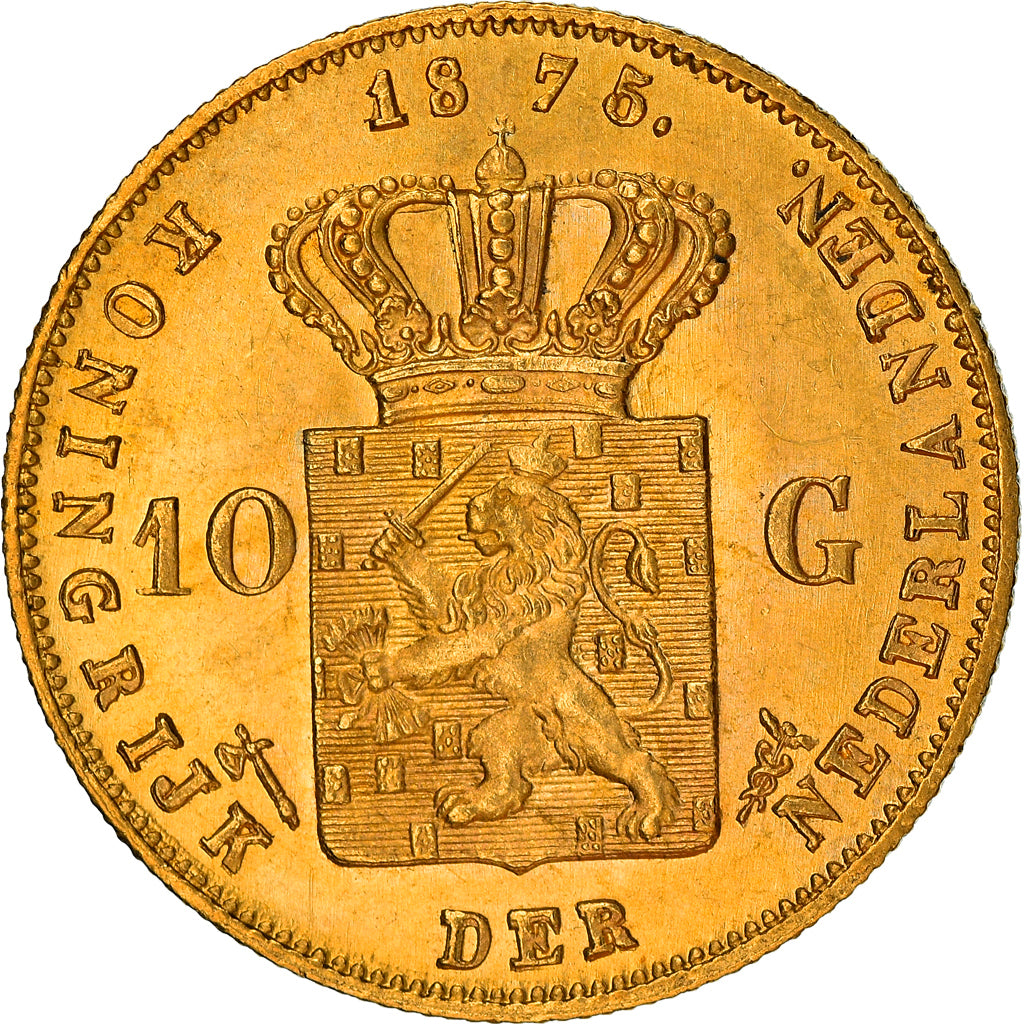 Coin, Netherlands, William III, 10 Gulden, 1875, Utrecht, MS(63), Gold, KM:105