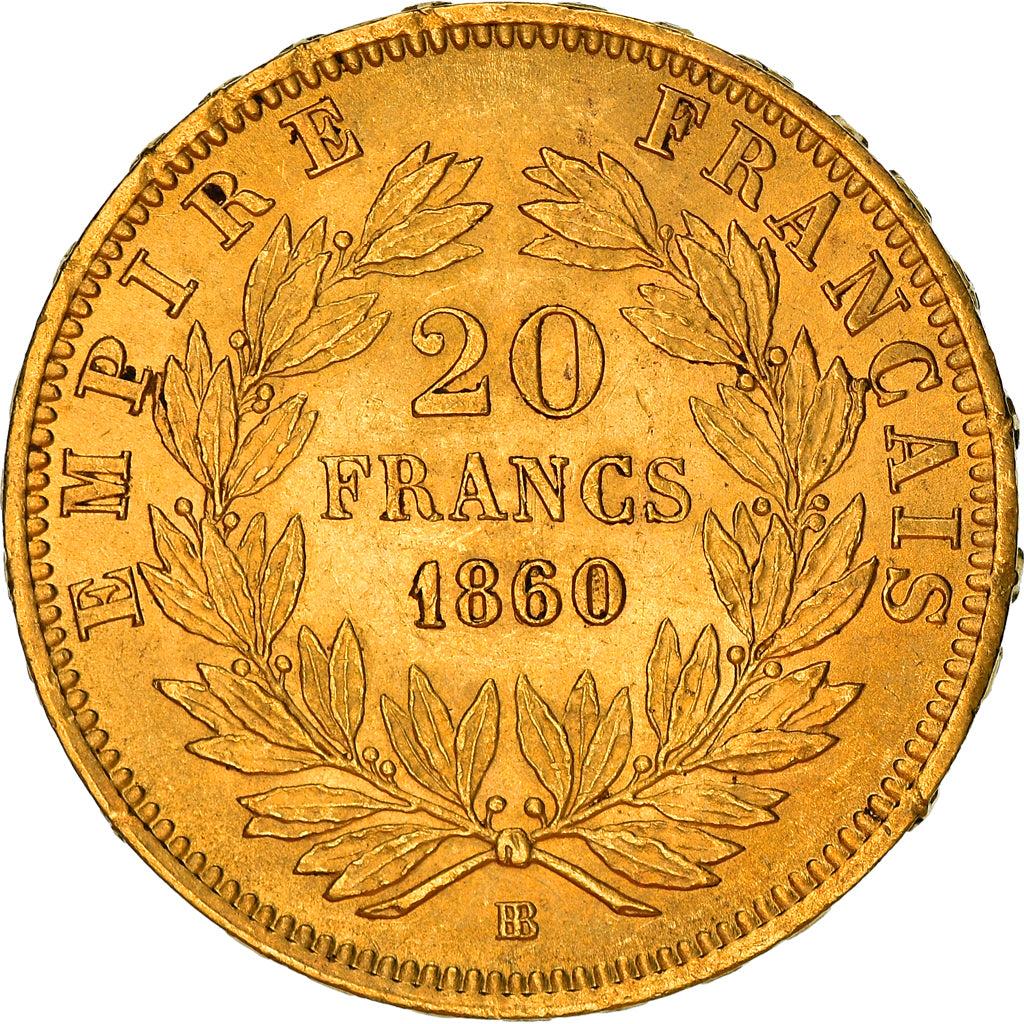 Moneda, Francia, Napoleon III, 20 Francs, 1860/50, Strasbourg, EBC+, Oro