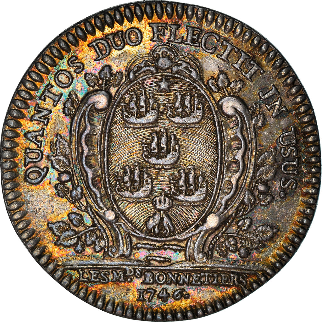 France, Token, Louis XV, 5e corps des bonnetiers, 1746, AU(55-58), Silver