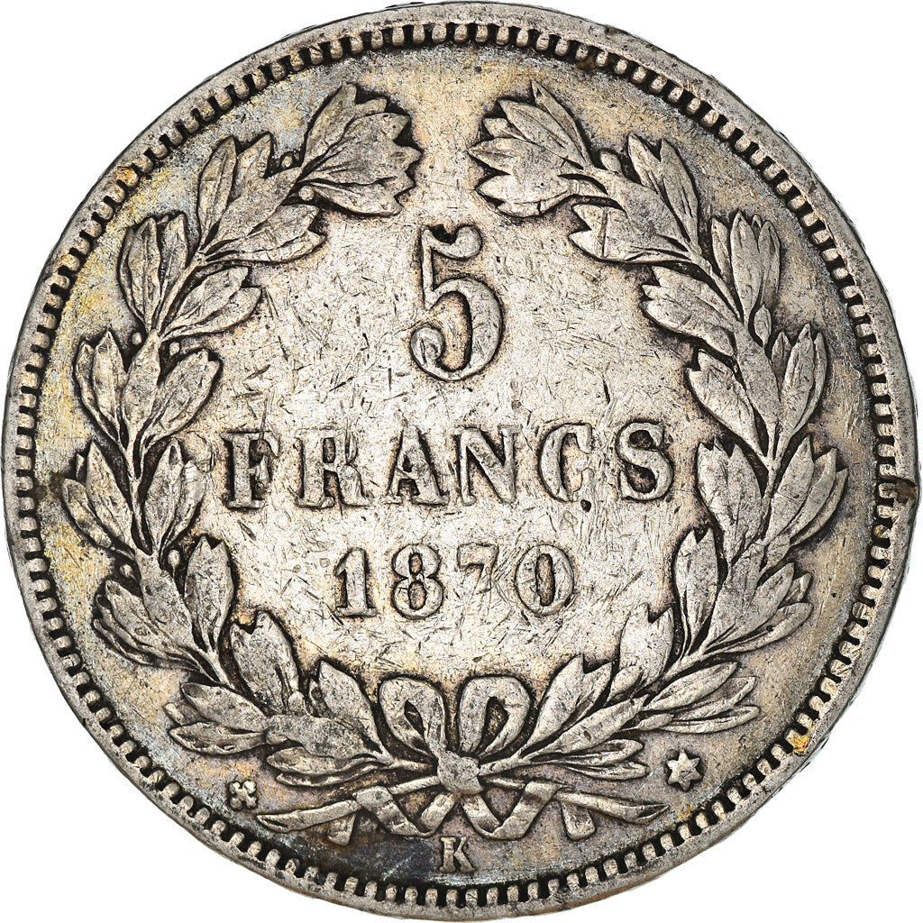 Moneda, Francia, Cérès, 5 Francs, 1870, Bordeaux, BC+, Plata, KM:818.2