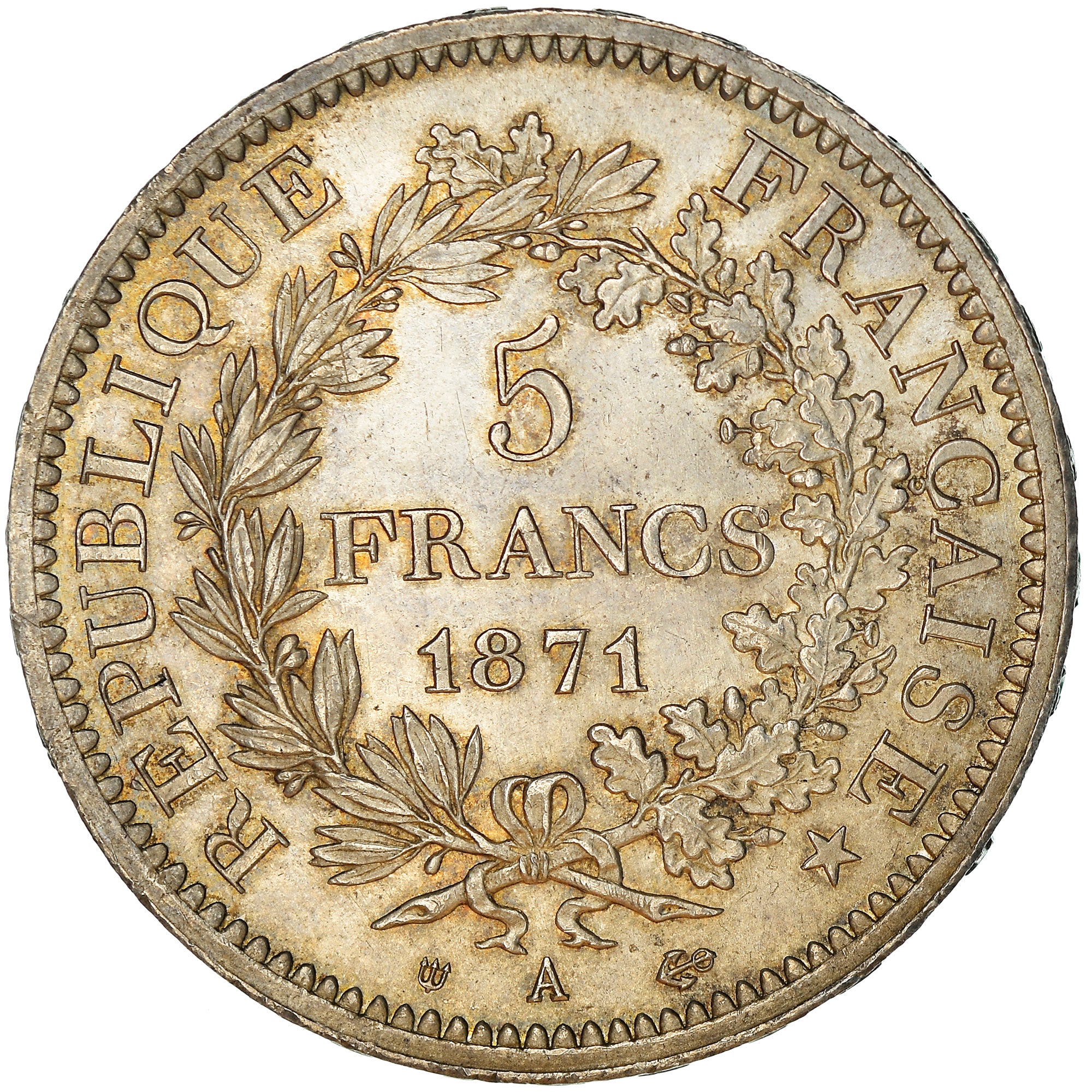 Coin, France, Hercule, 5 Francs, 1871, Paris, Camélinat, MS(60-62), Silver