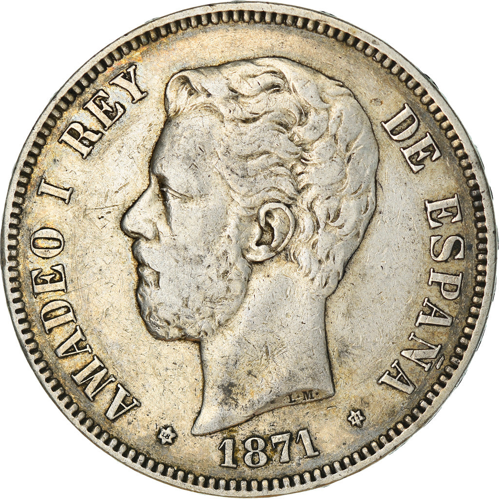 Moneda, España, Amadeao I, 5 Pesetas, 1871, Madrid, MBC, Plata, KM:666
