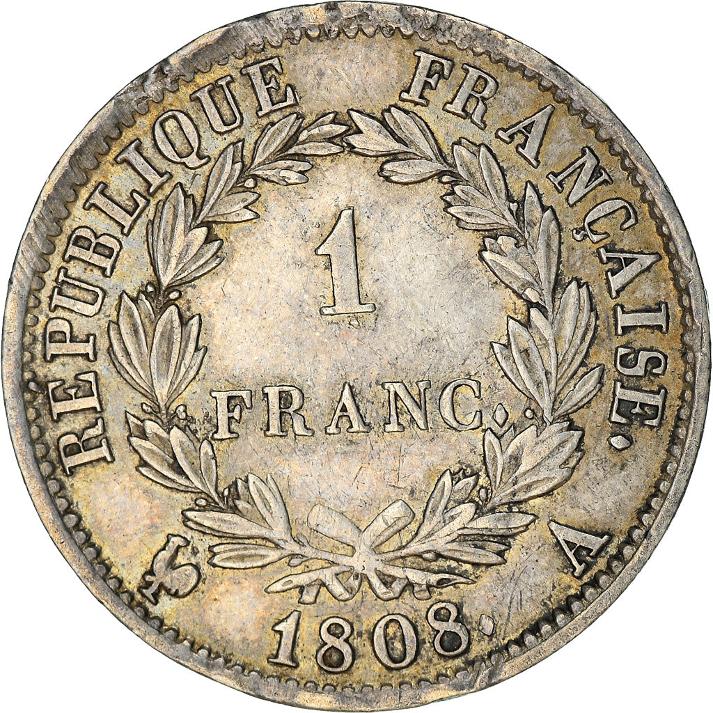 Moeda, França, Napoléon I, Franc, 1808, Paris, AU(50-53), Prata, KM:682.1, Le