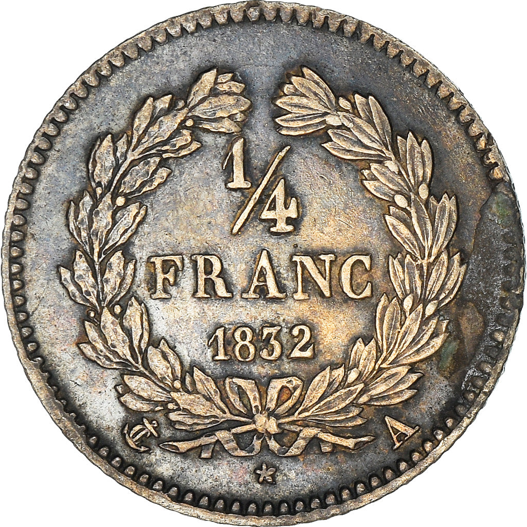 Moeda, França, Louis-Philippe, 1/4 Franc, 1832, Paris, AU(50-53), Prata