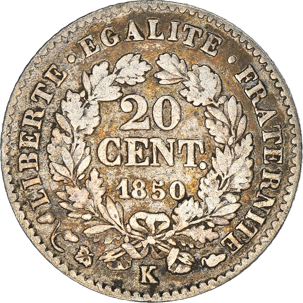 Moeda, França, Cérès, 20 Centimes, 1850, Bordeaux, VF(20-25), Prata