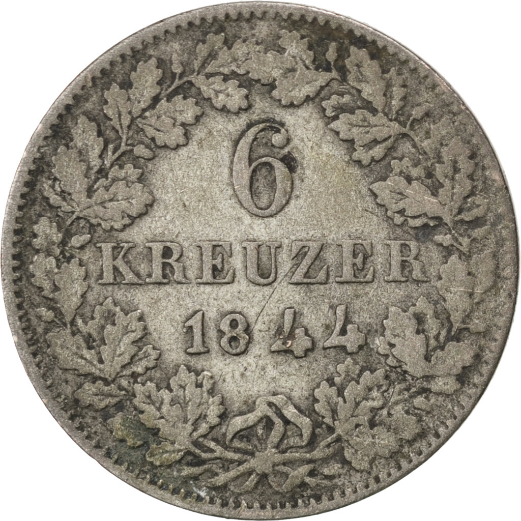 GERMAN STATES, 6 Kreuzer, 1844, KM #18, VF(30-35), Silver, 2.44