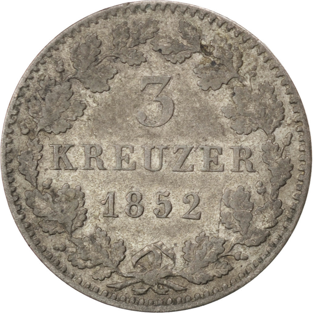 GERMAN STATES, 3 Kreuzer, Groschen, 1852, KM #800, EF(40-45), Silver, 1.19