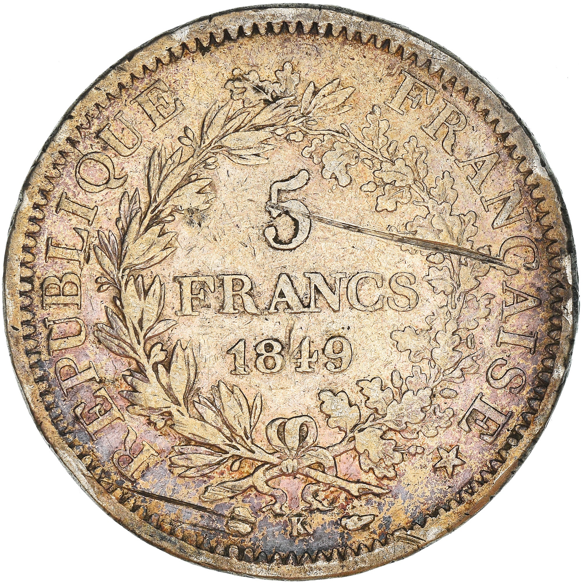 Moneda, Francia, Hercule, 5 Francs, 1849, Strasbourg, BC+, Plata, KM:756.2, Le