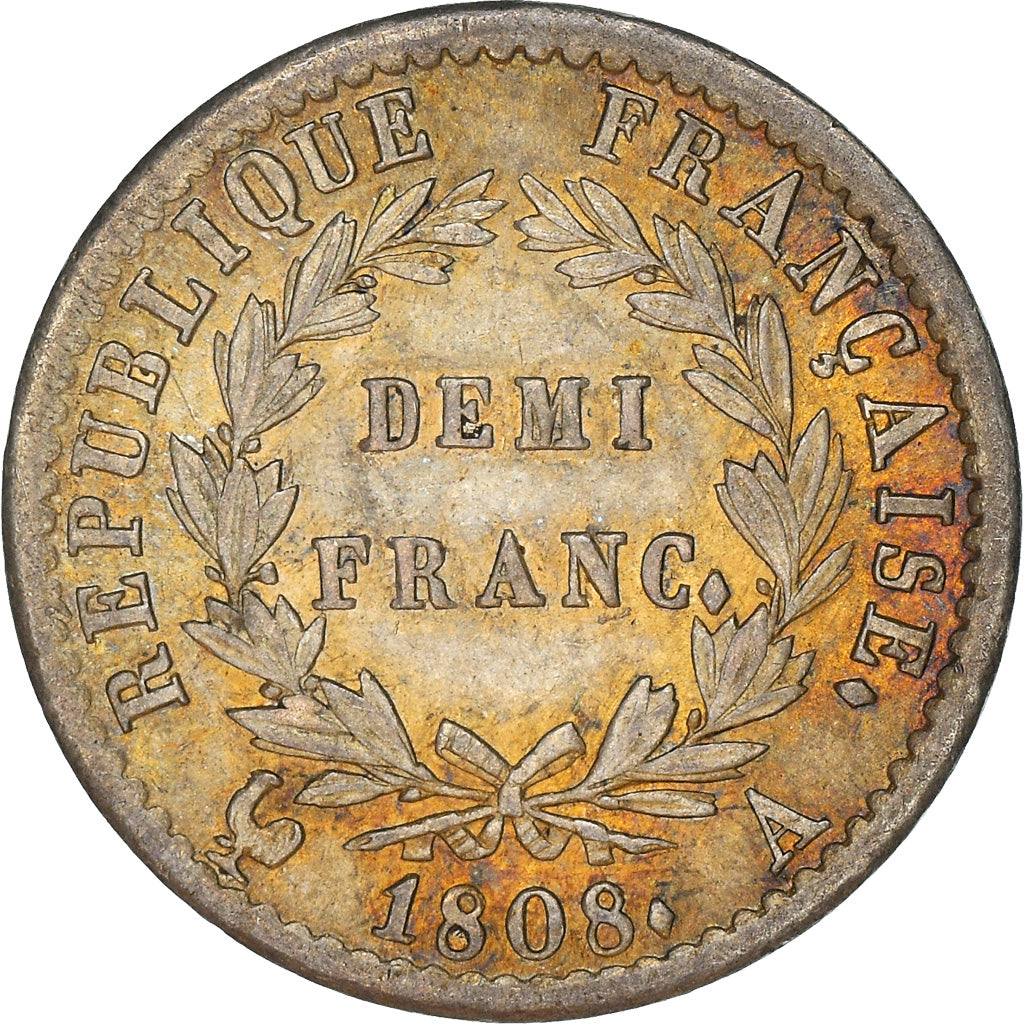 Moneta, Francja, Napoléon I, 1/2 Franc, 1808, Paris, AU(55-58), Srebro