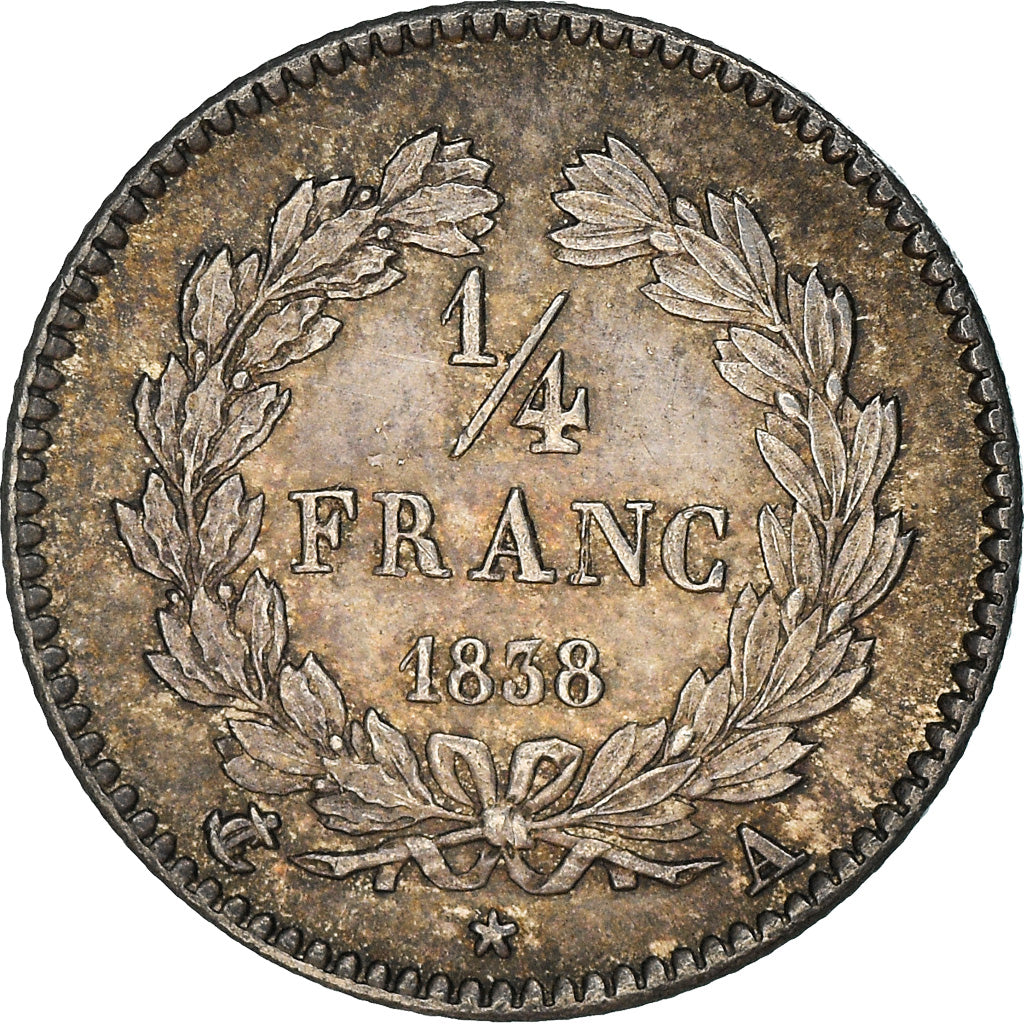 Moneda, Francia, Louis-Philippe, 1/4 Franc, 1838, Paris, SC, Plata, KM:740.1, Le