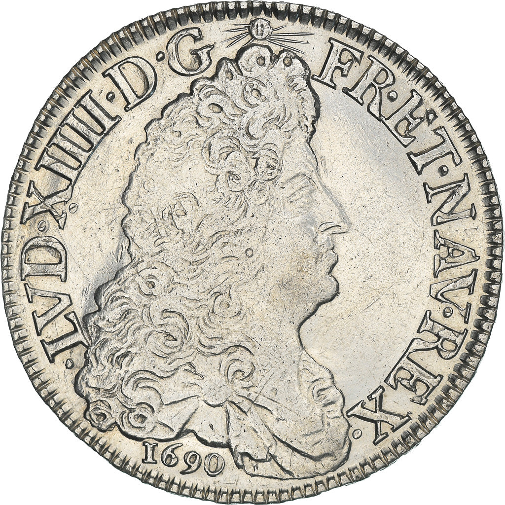 Moeda, França, Louis XIV, Ecu aux 8 L, 1690, Lille, AU(55-58), Prata