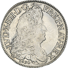 Moeda, França, Louis XIV, Ecu aux 8 L, 1690, Lille, AU(55-58), Prata