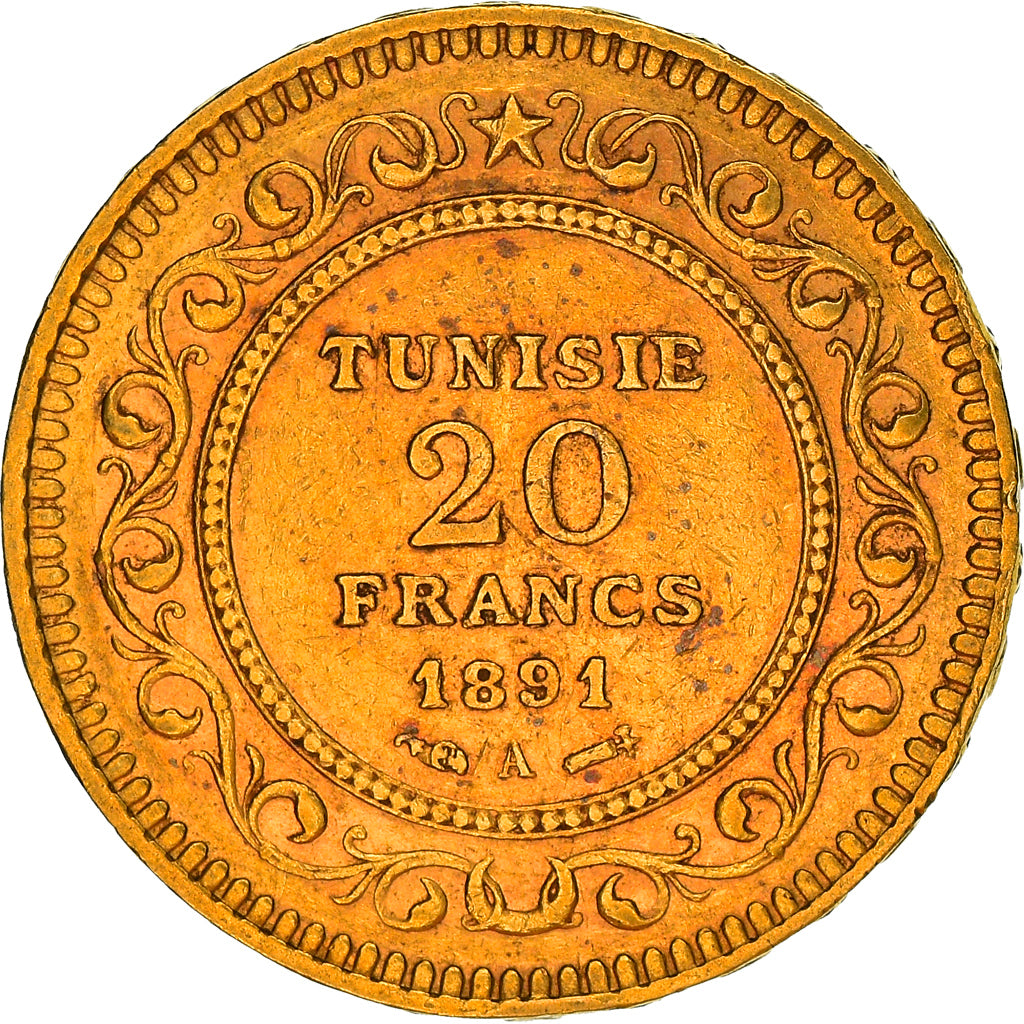 Coin, Tunisia, Ali Bey, 20 Francs, 1891, Paris, AU(55-58), Gold, KM:227