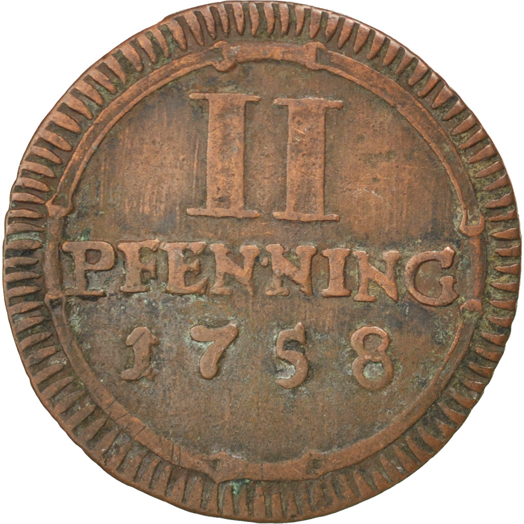 GERMAN STATES, 2 Pfenning, 1758, KM #337, EF(40-45), Copper, 1.89