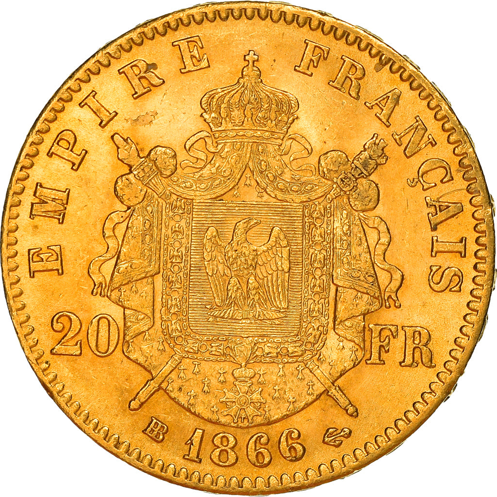Moneda, Francia, Napoleon III, 20 Francs, 1866, Strasbourg, EBC+, Oro, KM:801.2