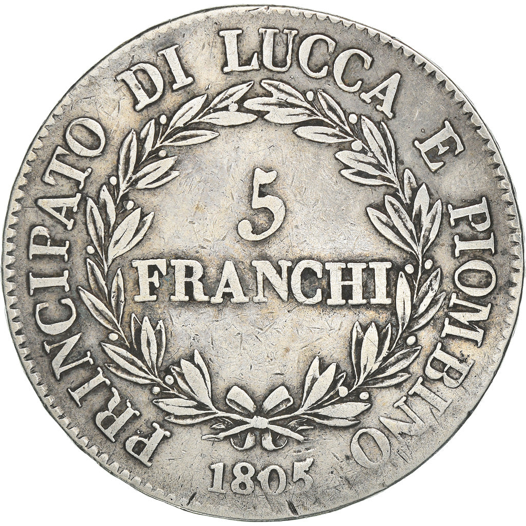 Münze, Italien Staaten, LUCCA, Felix and Elisa, 5 Franchi, 1805, Firenze, S+