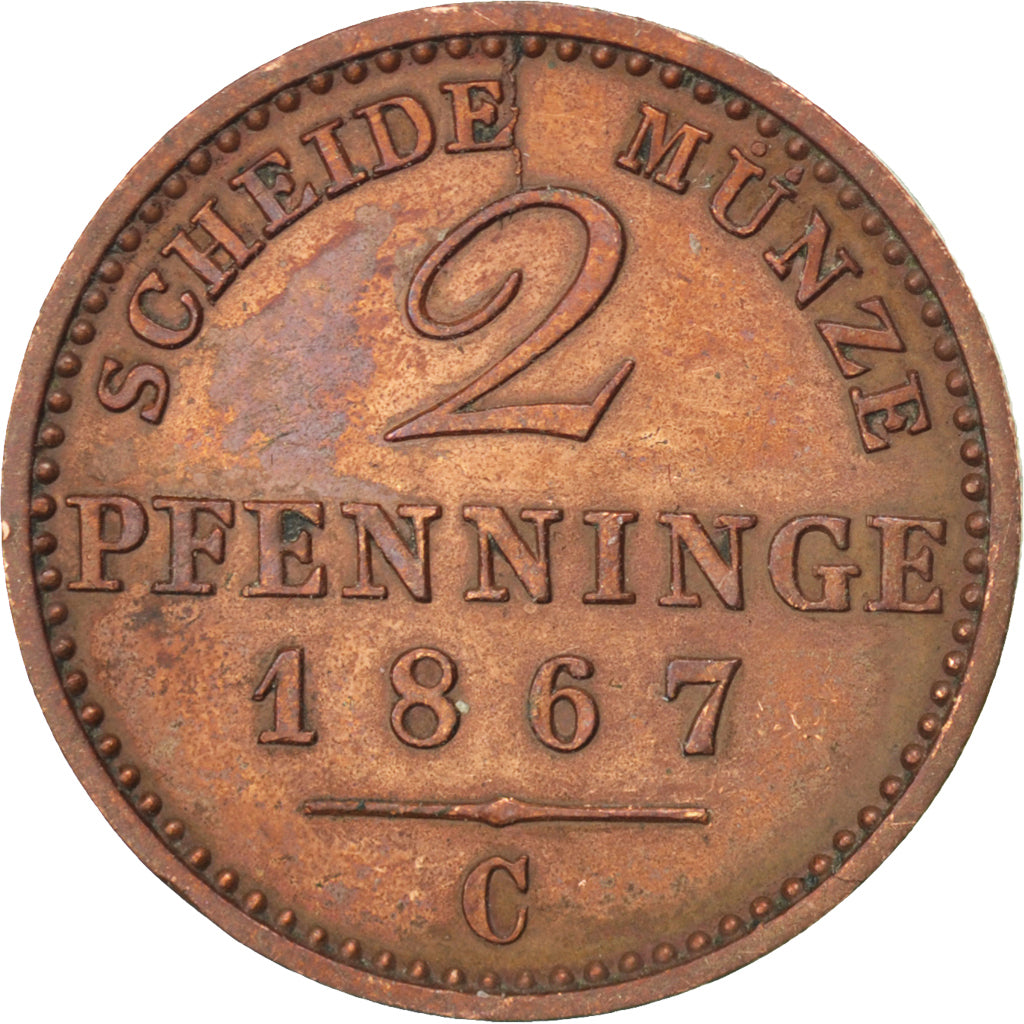 GERMAN STATES, 2 Pfennig, 1867, Cleves, KM #481, EF(40-45), Copper, 20, 3.04