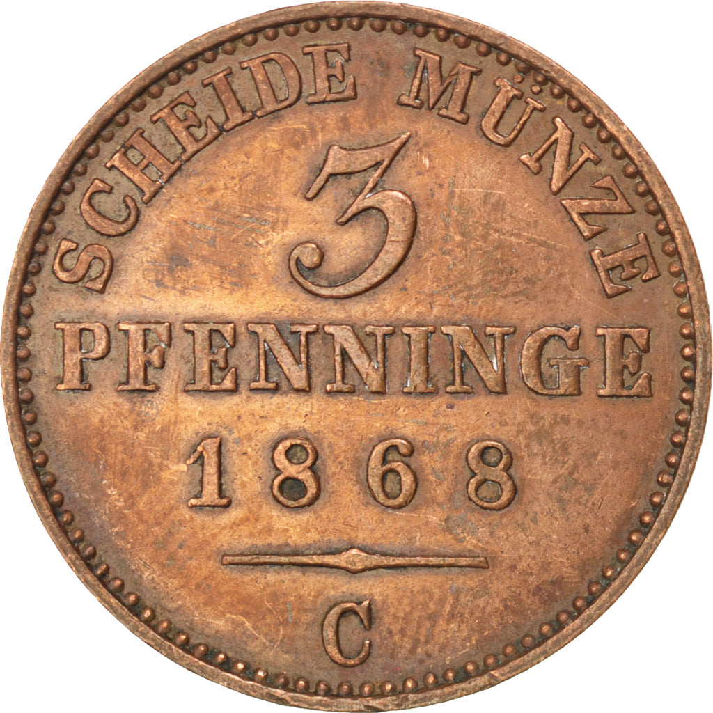 GERMAN STATES, 3 Pfennig, 1868, Cleves, KM #482, EF(40-45), Copper, 24, 4.51