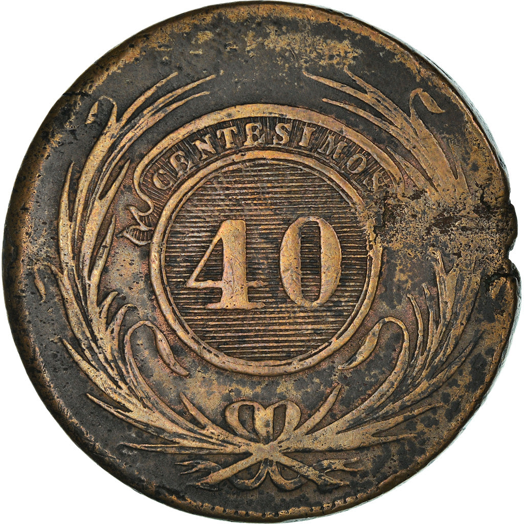 Coin, Uruguay, 40 Centesimos, 1844, Montevideo, EF(40-45), Copper, KM:3