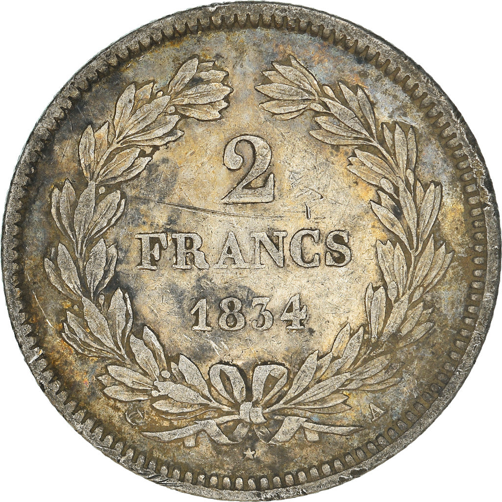 Moneta, Francia, Louis-Philippe, 2 Francs, 1834, Paris, MB, Argento, KM:743.1