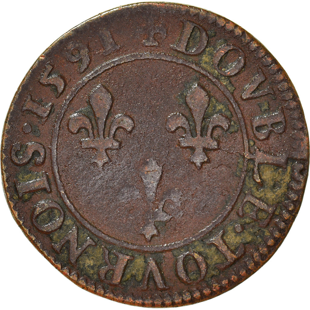Coin, France, Henri IV, Double Tournois, 1591, Châlons-en-Champagne, VF(30-35)