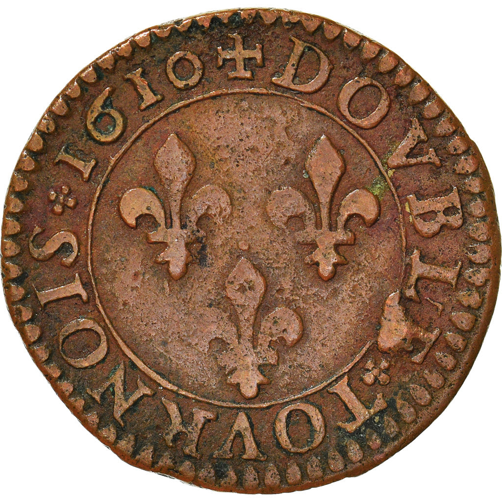 Coin, France, Henri IV, Double Tournois, 1610, Lyon, VF(30-35), Copper, CGKL:204