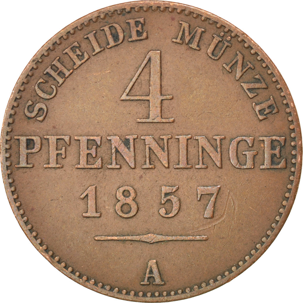 GERMAN STATES, 4 Pfennig, 1857, Berlin, KM #454a, EF(40-45), Copper, 25, 5.87