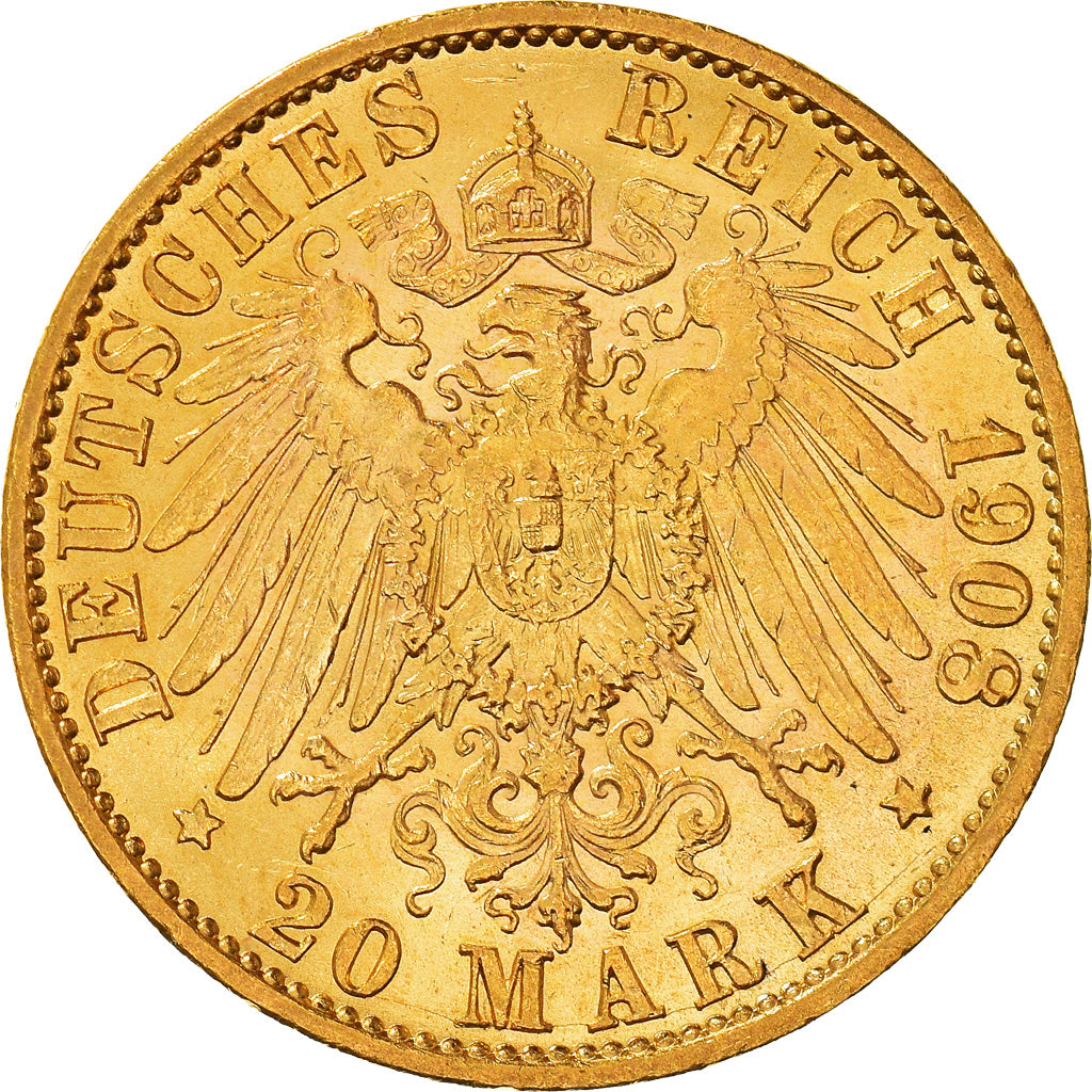 Moneda, Estados alemanes, PRUSSIA, Wilhelm II, 20 Mark, 1908, Berlin, EBC+, Oro
