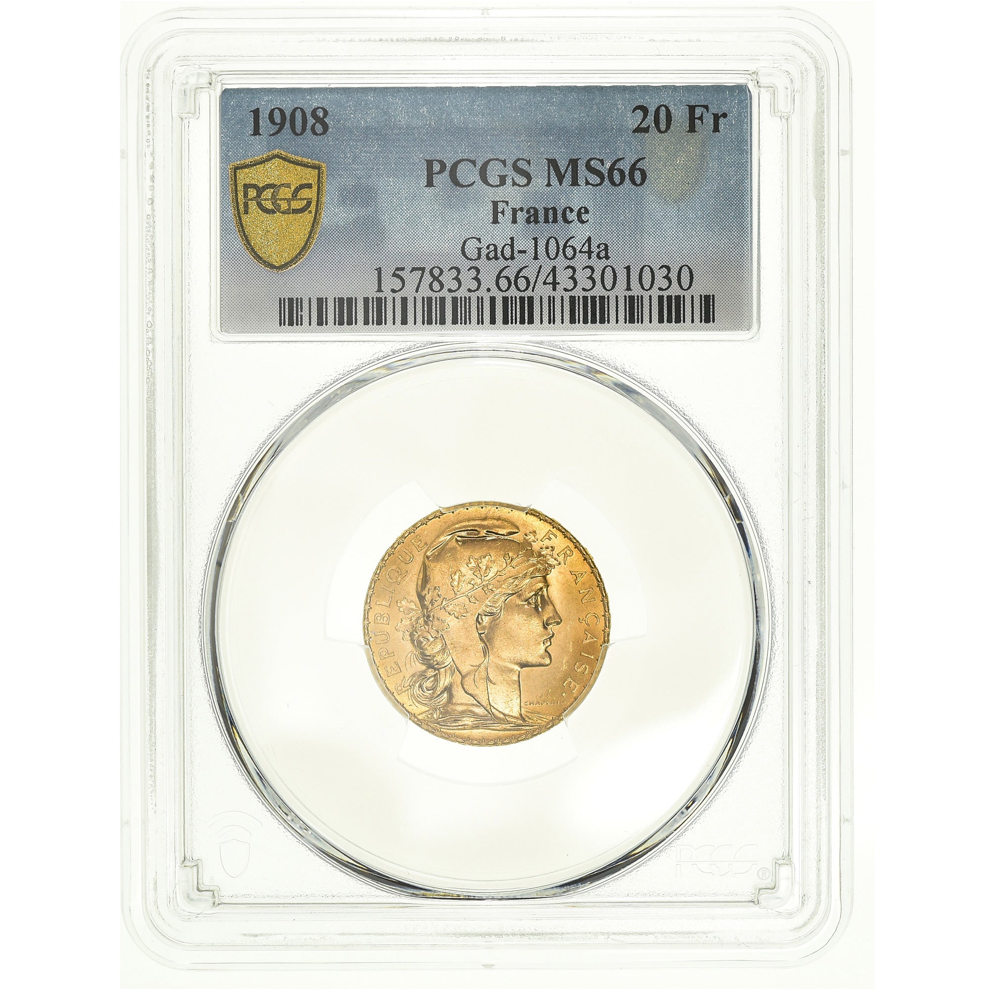 Coin, France, Marianne, 20 Francs, 1908, Paris, PCGS, MS66, MS(65-70), Gold