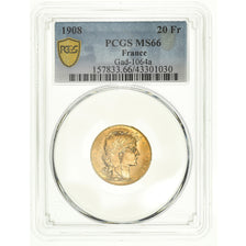 Coin, France, Marianne, 20 Francs, 1908, Paris, PCGS, MS66, MS(65-70), Gold