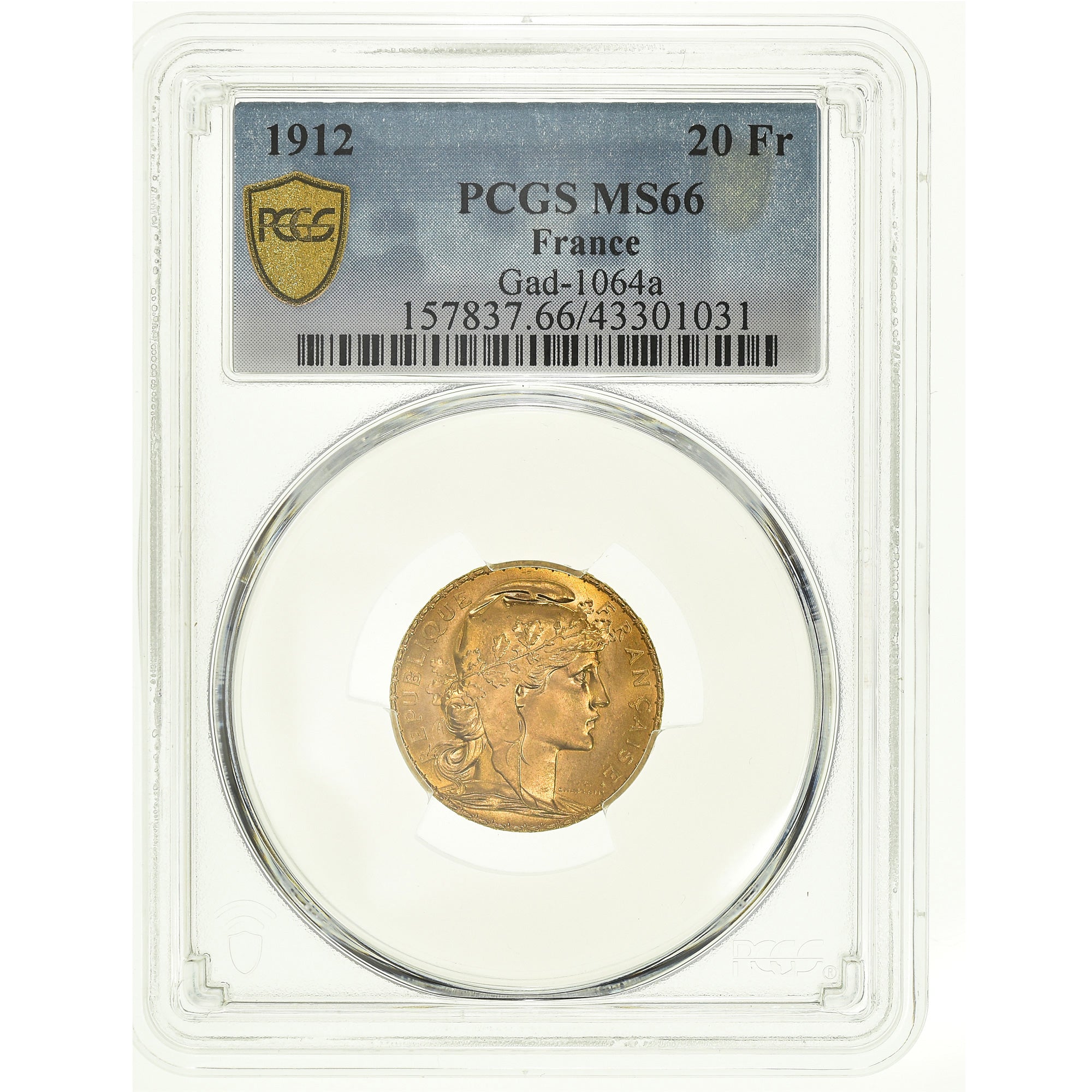 Coin, France, Marianne, 20 Francs, 1912, PCGS, MS66, MS(65-70), Gold, KM:857