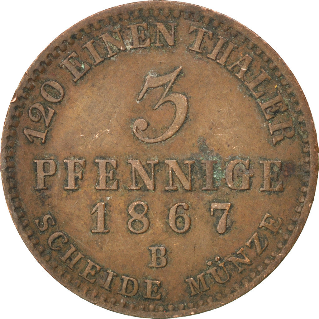 GERMAN STATES, 3 Pfennige, 1867, KM #98, EF(40-45), Copper, 4.46