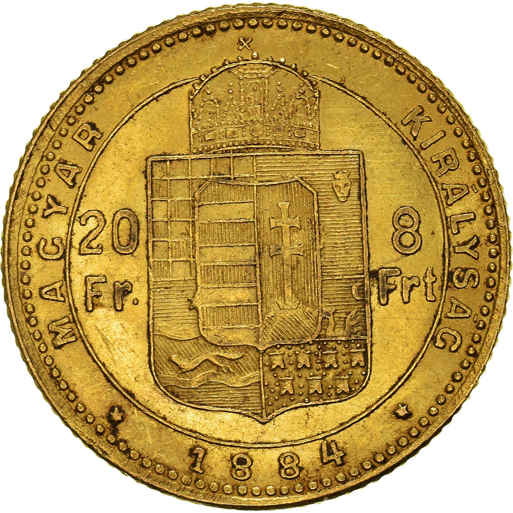 Coin, Hungary, Franz Joseph I, 8 Forint 20 Francs, 1884, Kremnitz, AU(55-58)
