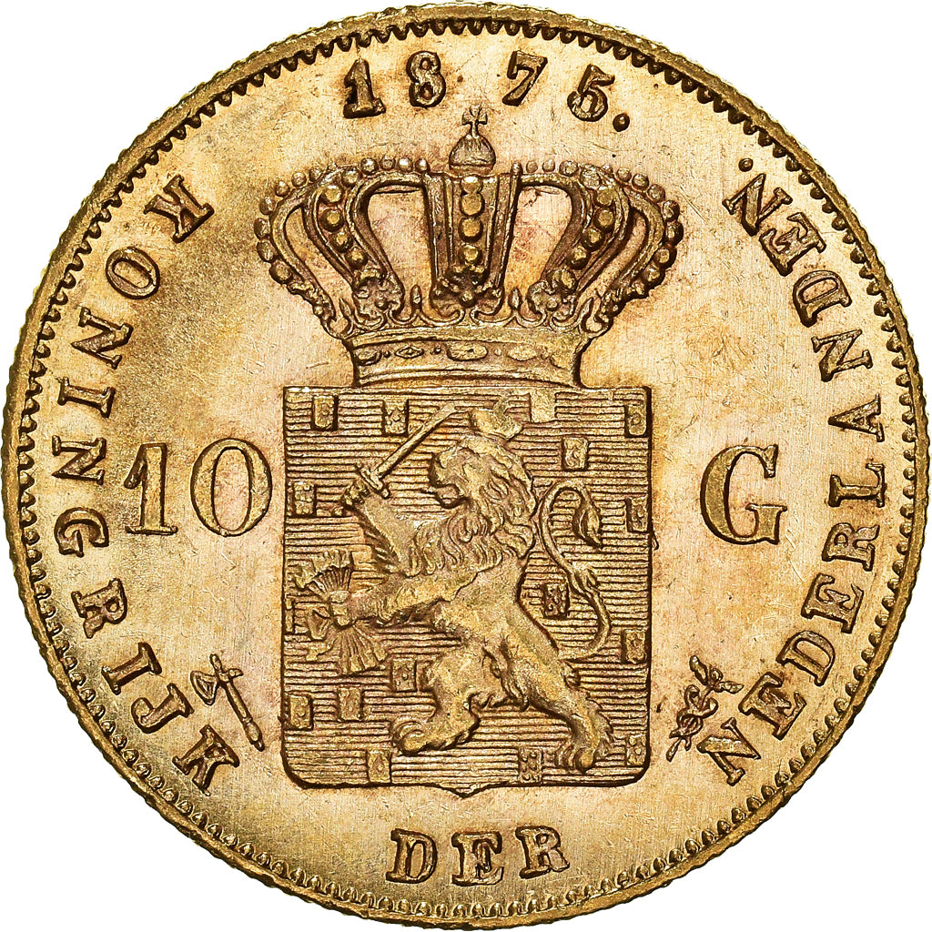 Coin, Netherlands, William III, 10 Gulden, 1875, Utrecht, MS(60-62), Gold