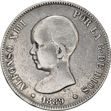 Moneta, Spagna, Alfonso XIII, 5 Pesetas, 1889, Madrid, MB+, Argento, KM:689