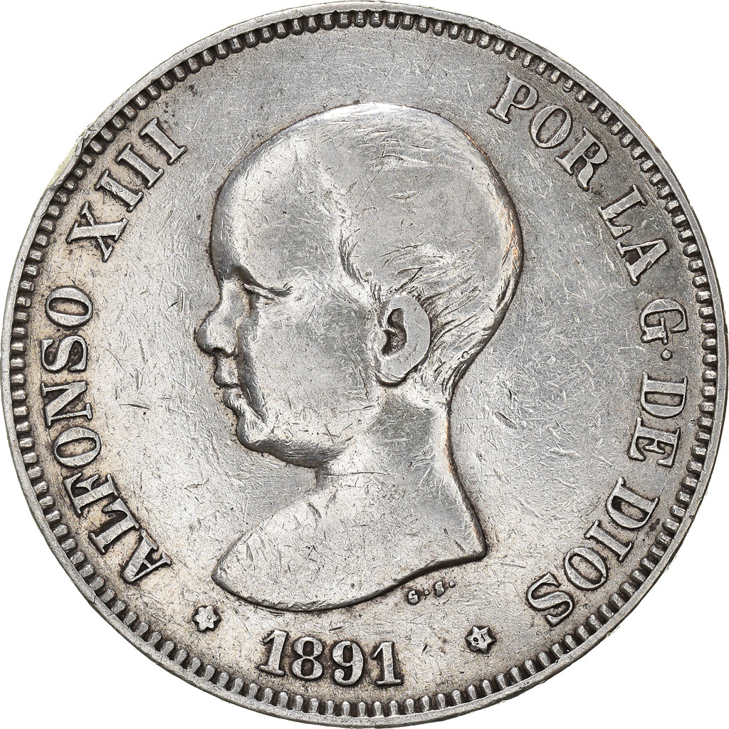 Coin, Spain, Alfonso XIII, 5 Pesetas, 1891, Madrid, VF(30-35), Silver, KM:689