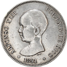 Coin, Spain, Alfonso XIII, 5 Pesetas, 1891, Madrid, VF(30-35), Silver, KM:689
