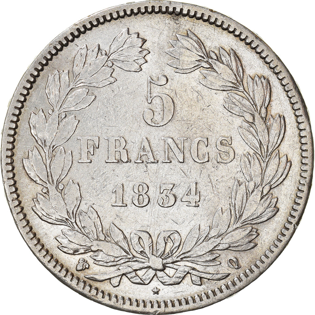 Moneta, Francia, Louis-Philippe, 5 Francs, 1834, Perpignan, MB+, Argento