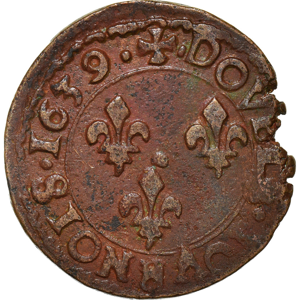 Munten, Frankrijk, Louis XIII, Double Tournois, 1639, Bordeaux, ZF, Koper
