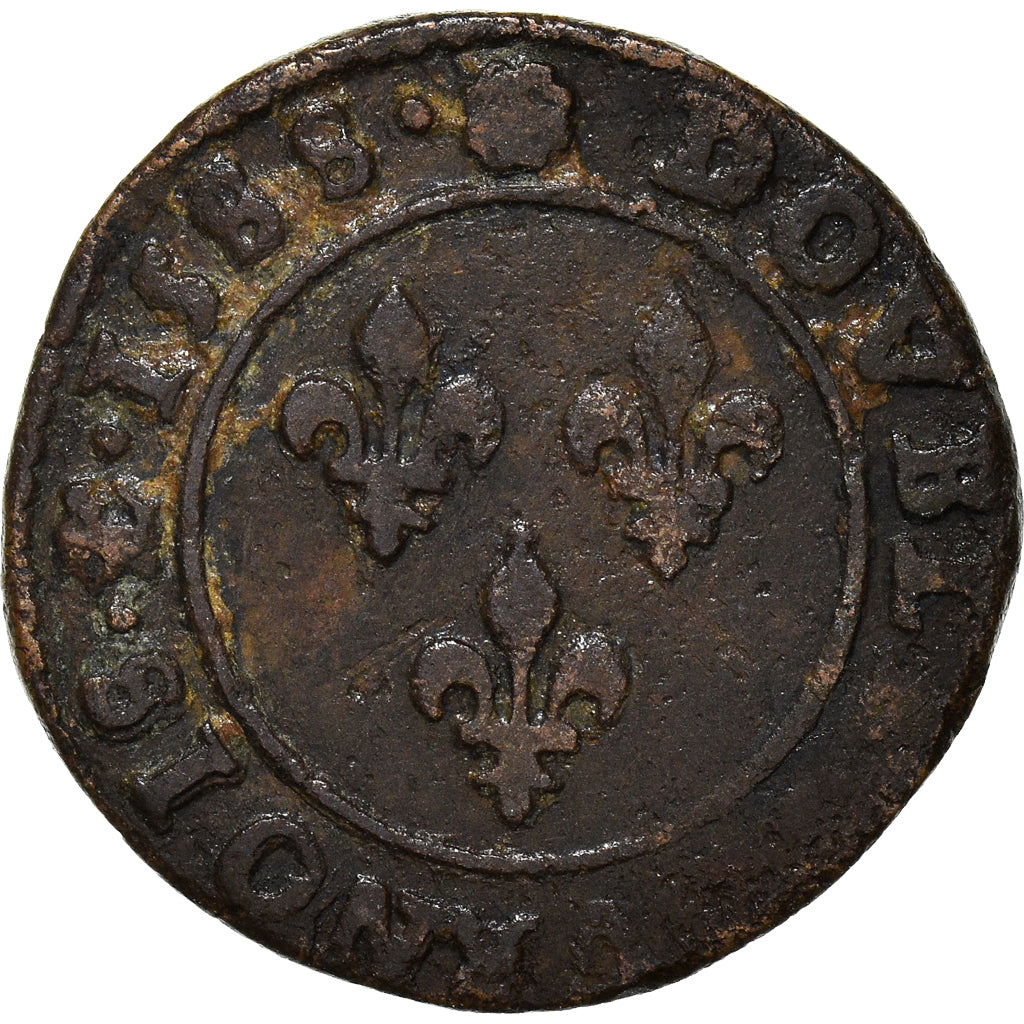Coin, France, Henri III, Double Tournois, 1588, Saint-Lô, VF(20-25), Copper