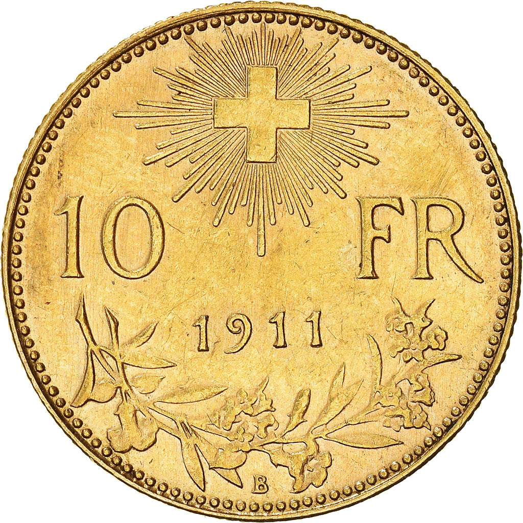 Coin, Switzerland, 10 Francs, 1911, Bern, AU(55-58), Gold, KM:36