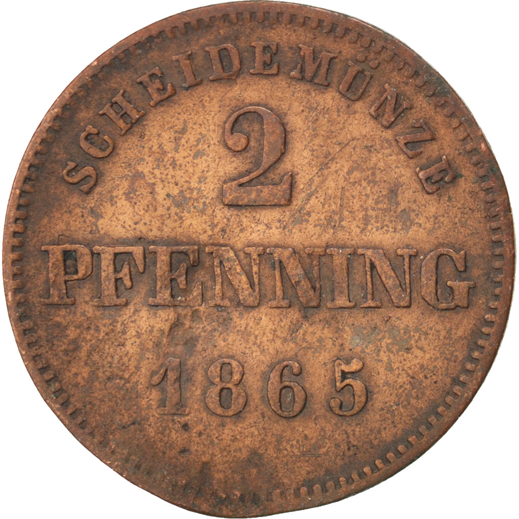 GERMAN STATES, 2 Pfennig, 1865, KM #857, VF(20-25), Copper, 2.36