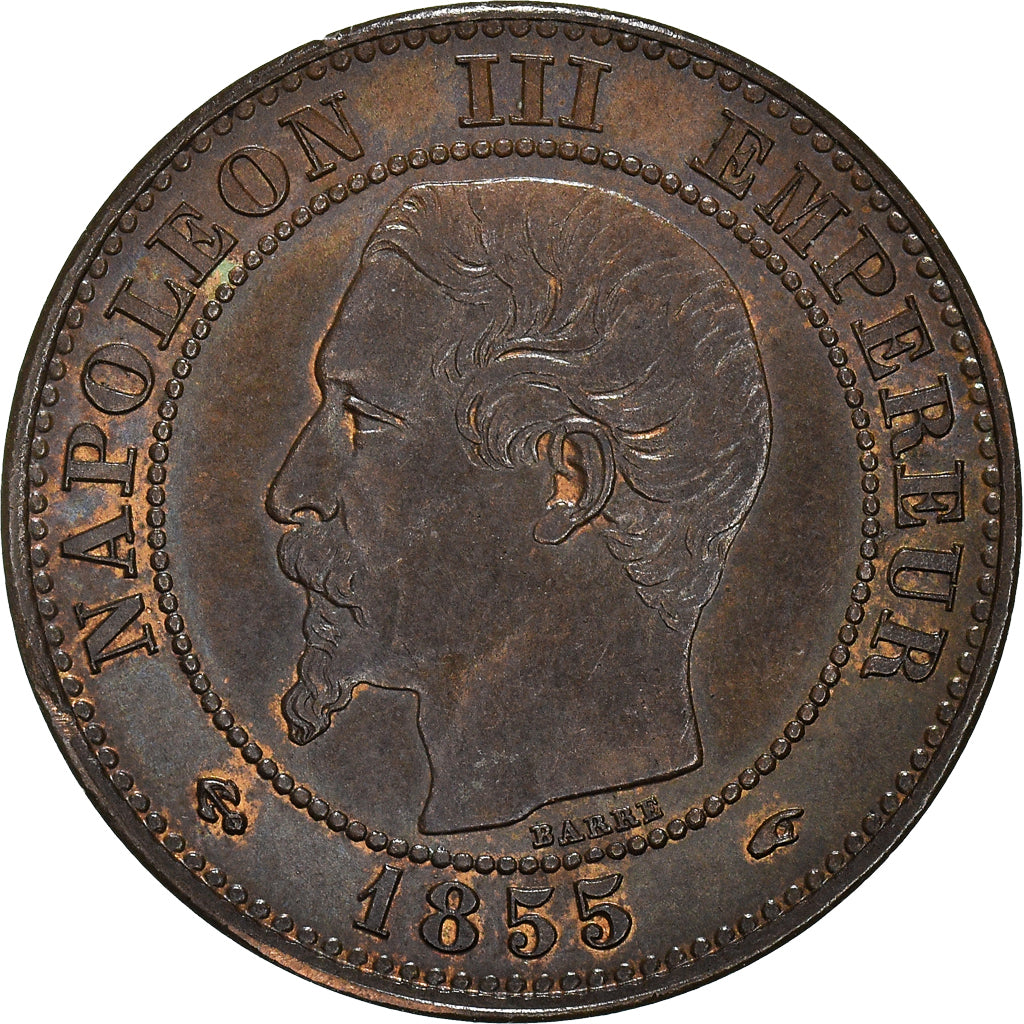 Moneta, Francja, Napoleon III, 2 Centimes, 1855, Paris, AU(55-58), Brązowy