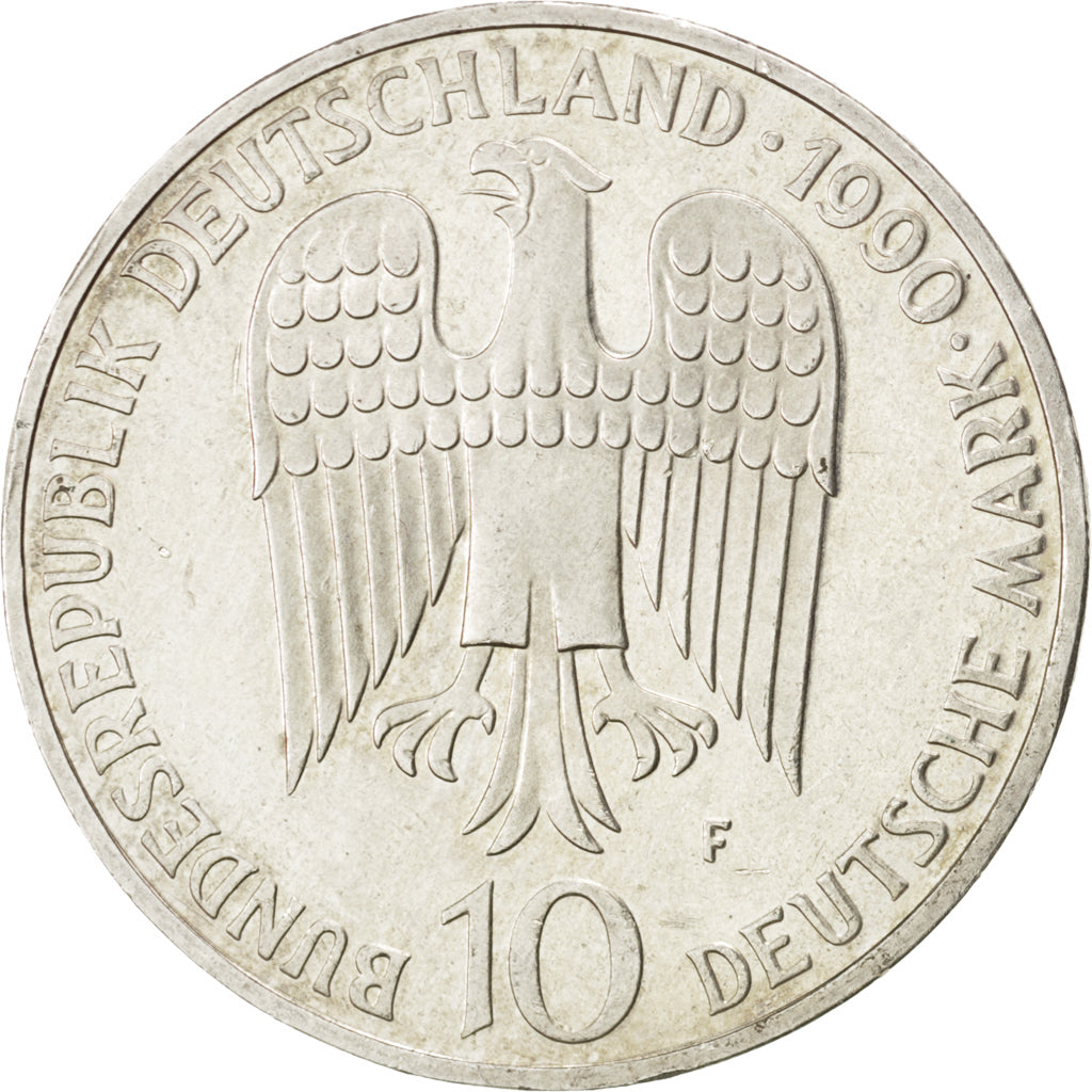 GERMANY - FEDERAL REPUBLIC, 10 Mark, 1990, Stuttgart, KM #174, AU(50-53),...