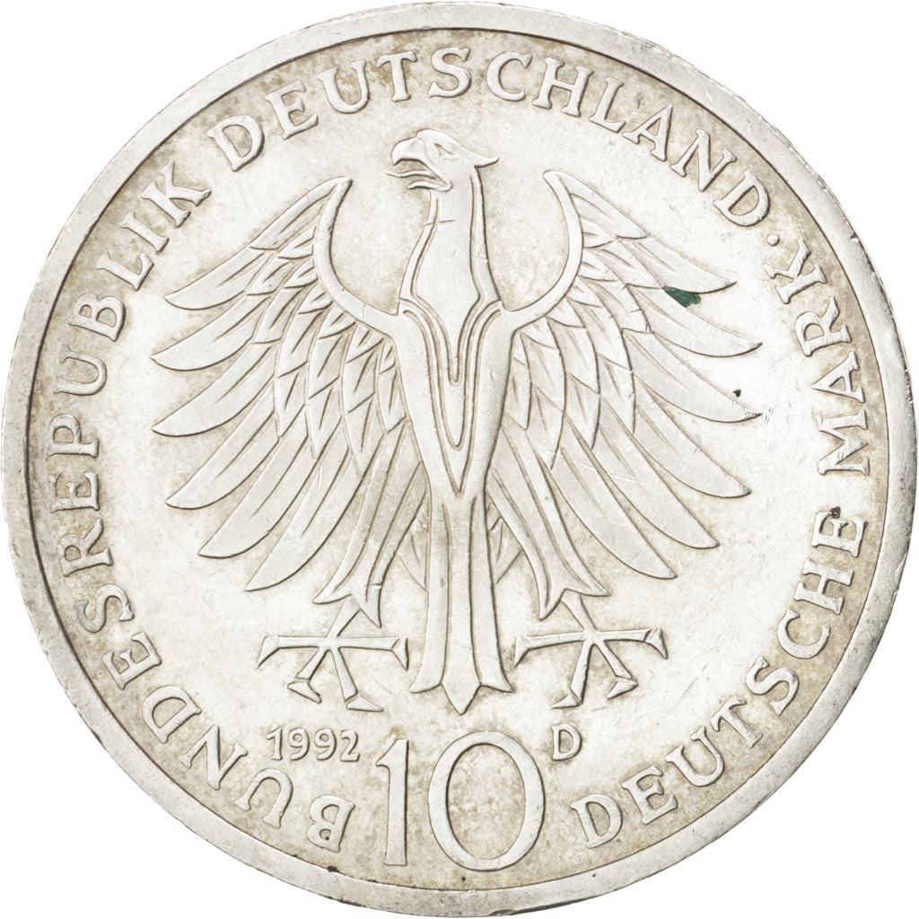 GERMANY - FEDERAL REPUBLIC, 10 Mark, 1992, Munich, KM #179, AU(50-53), Silver,..