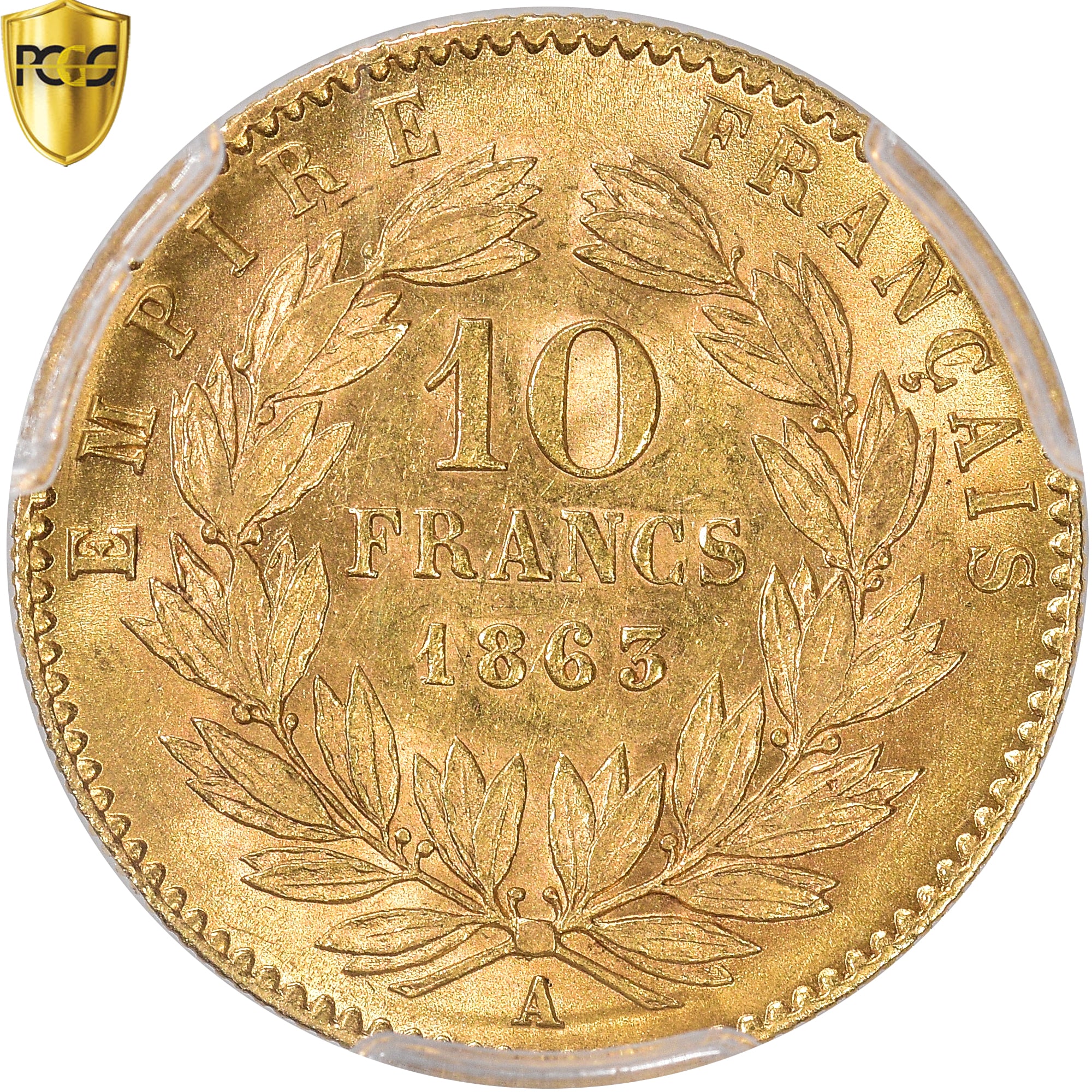 Moneda, Francia, Napoleon III, 10 Francs, 1863, Paris, PCGS, MS62, EBC+, Oro