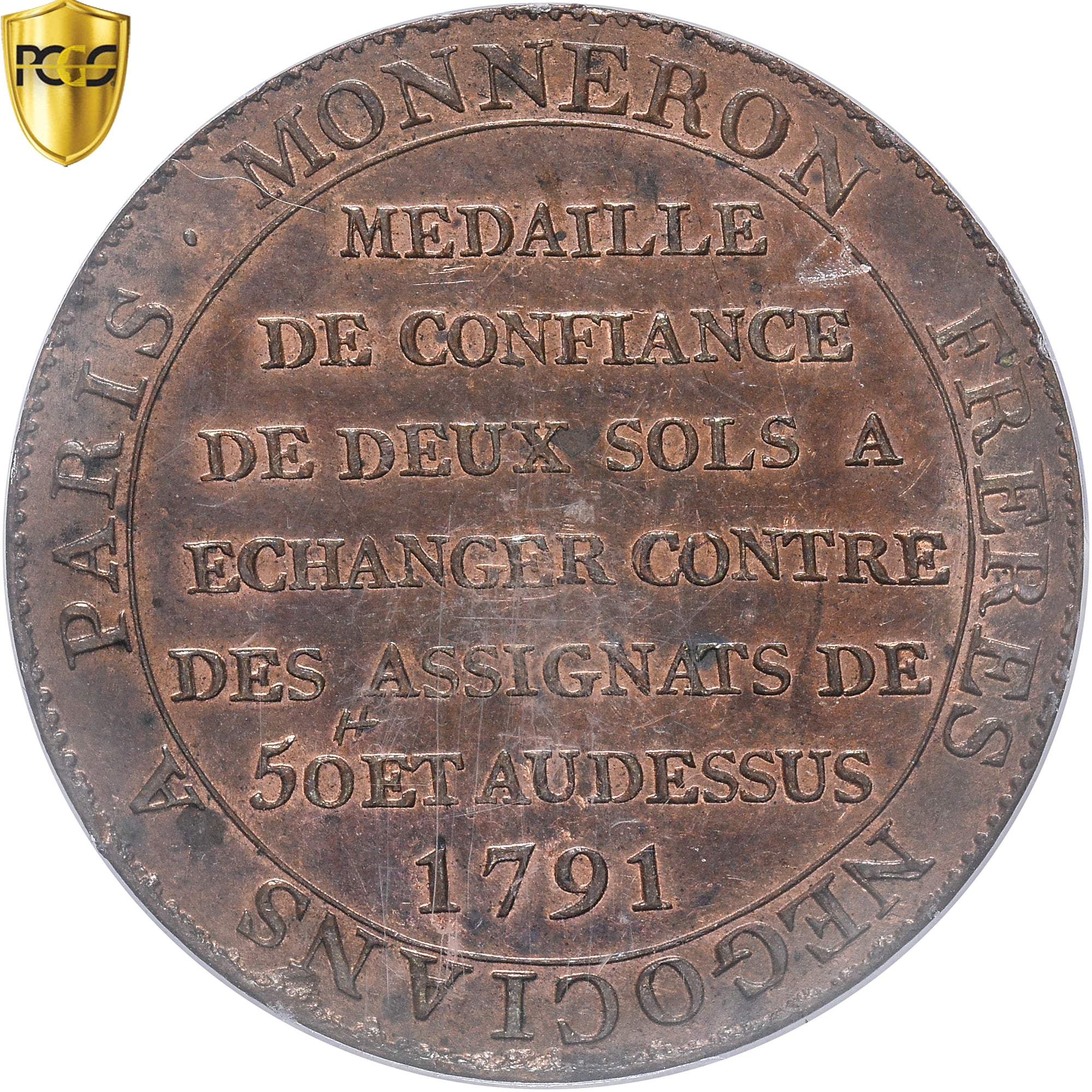 Coin, France, Monneron à la Liberté, 2 Sols, 1791, Birmingham, PCGS, MS62BN