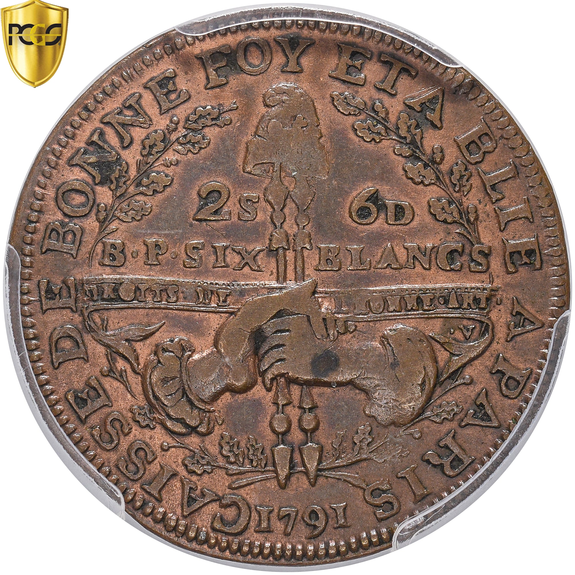 Moneda, Francia, 2 Sols 6 Deniers, 6 blancs de Montagny, 1791, PCGS, AU50, MBC+