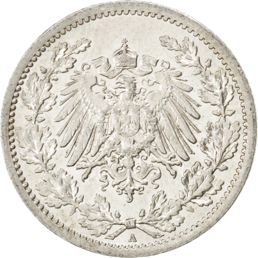 GERMANY - EMPIRE, 1/2 Mark, 1914, Berlin, KM #17, AU(55-58), Silver, 20, 2.77