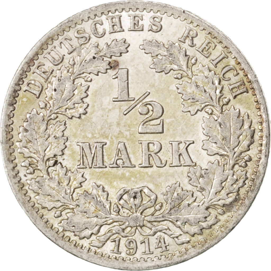 GERMANY - EMPIRE, 1/2 Mark, 1914, Berlin, KM #17, AU(55-58), Silver, 20, 2.77
